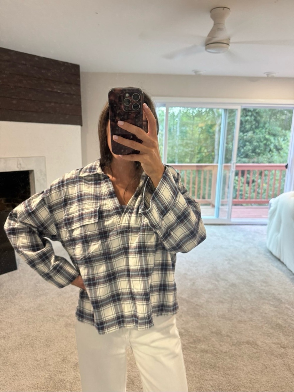 Plaid Button-Front Relaxed Shirt - Blue & White